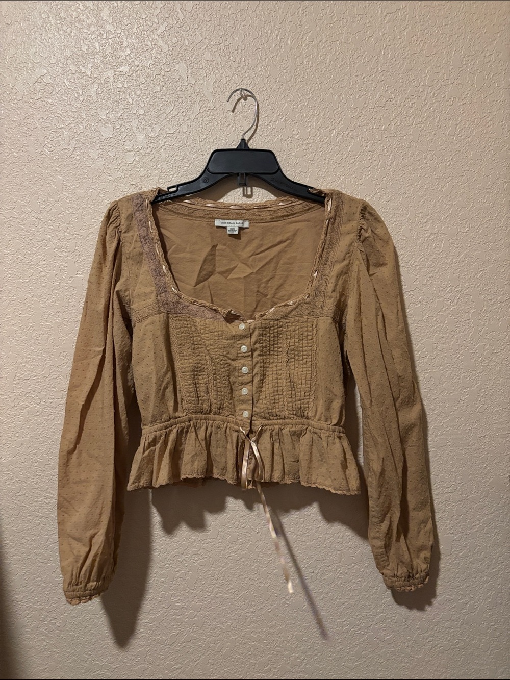 American Eagle Outfitters Tan Peasant Blouse with Ruffle Hem